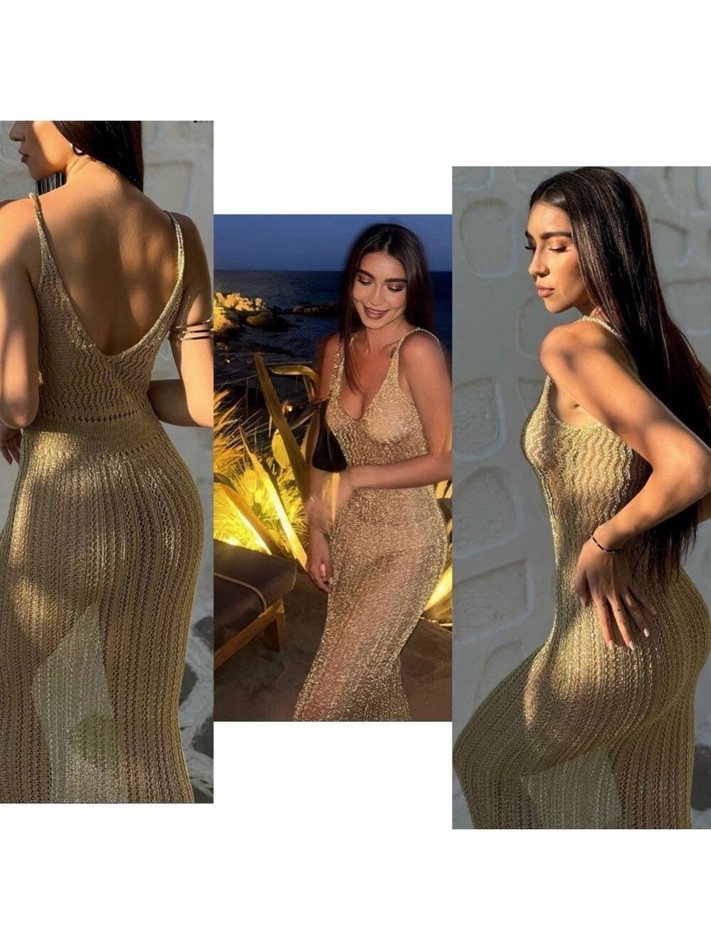 ZARA GOLD FITTED METALLIC THREAD CROCHET KNIT SPAGHETTI STRAP MIDI MAXI DRESS M - Picture 3 of 12
